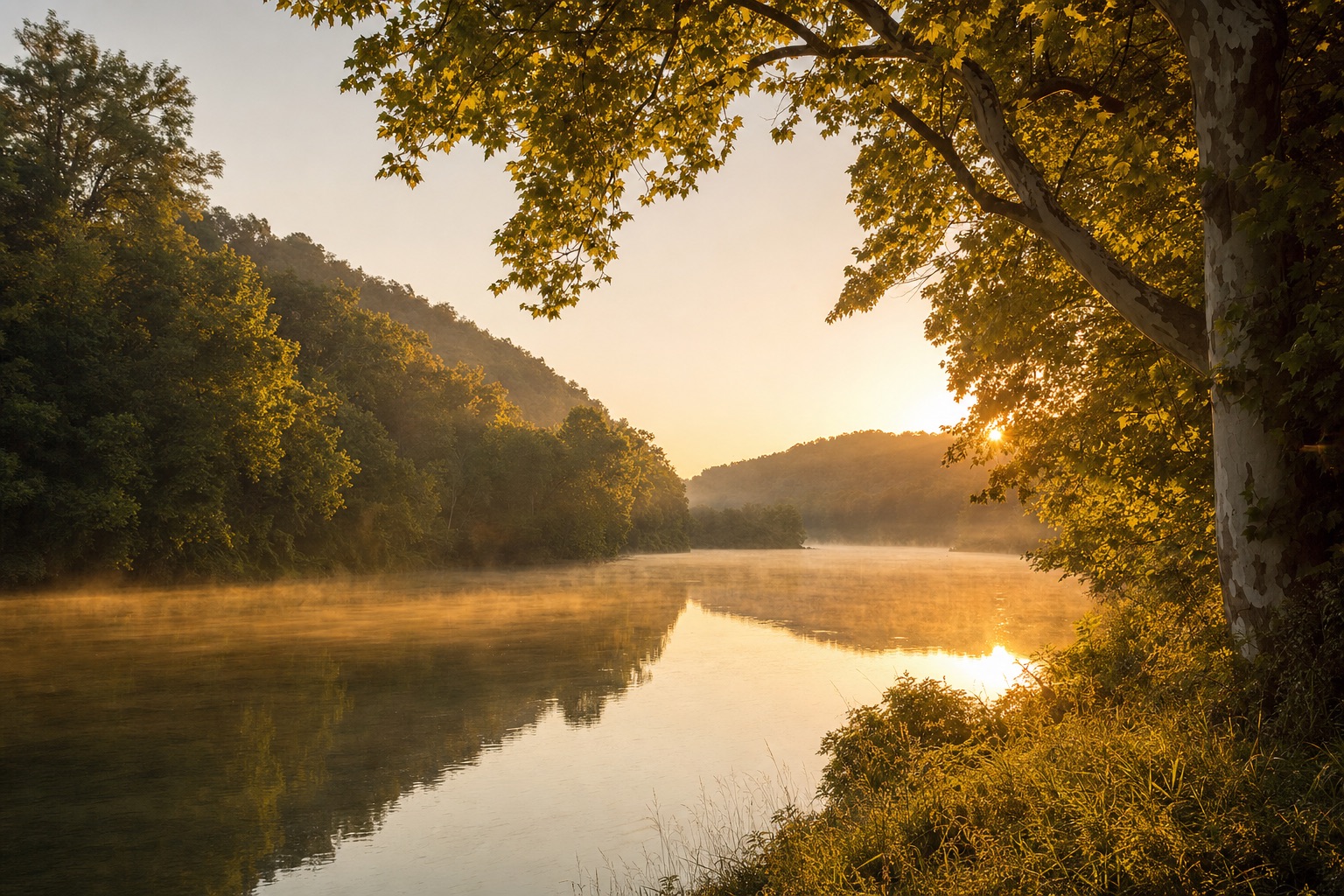 Morning fog lifting over a calm Ohio river valley at sunrise